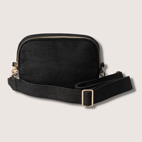 Black Denim Crossbody Chest Fanny Pack HandBag with Gold Hardware Waist Bag - Picture 1 of 7